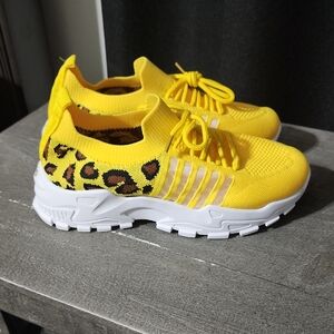 Yellow Leopard Knit Slip-On Athletic Sneakers